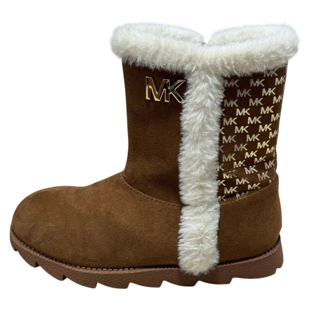 Michael Kors MK Girls Faux Fur Boots Brown Logo Winter Boot Size 1